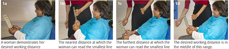 Four individual images of a lady being given a written text to read, holding them at different distances in front of herself